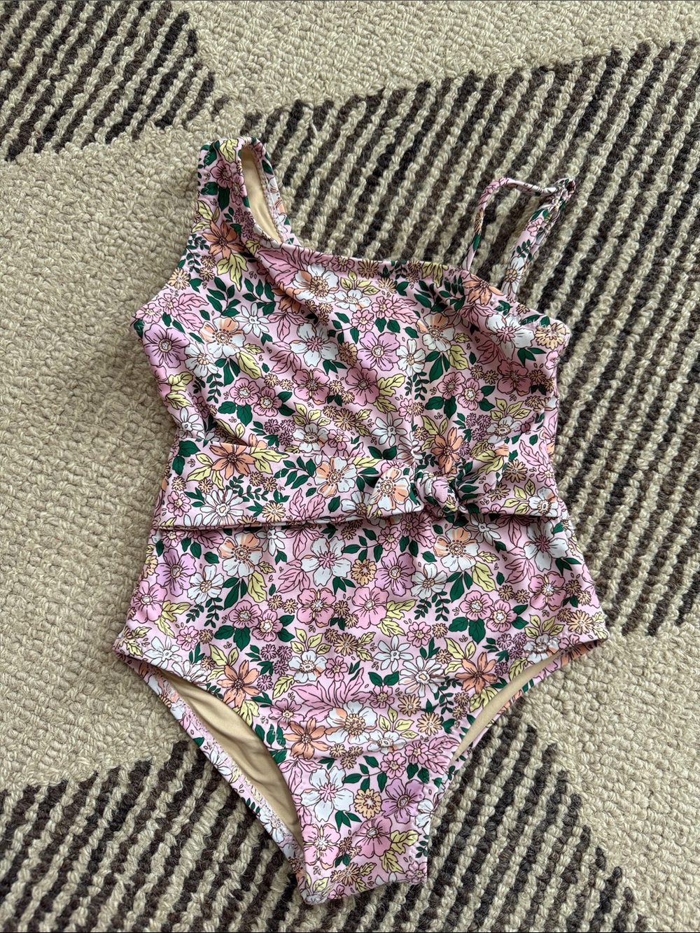 Girls' Floral Pink One-Piece Swimsuit with Ruffle Waist